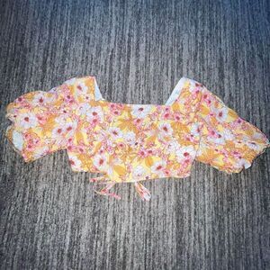 Altar’d State Women’s Size Large Square Neck Lace Up Puff Sleeve Crop Top Floral